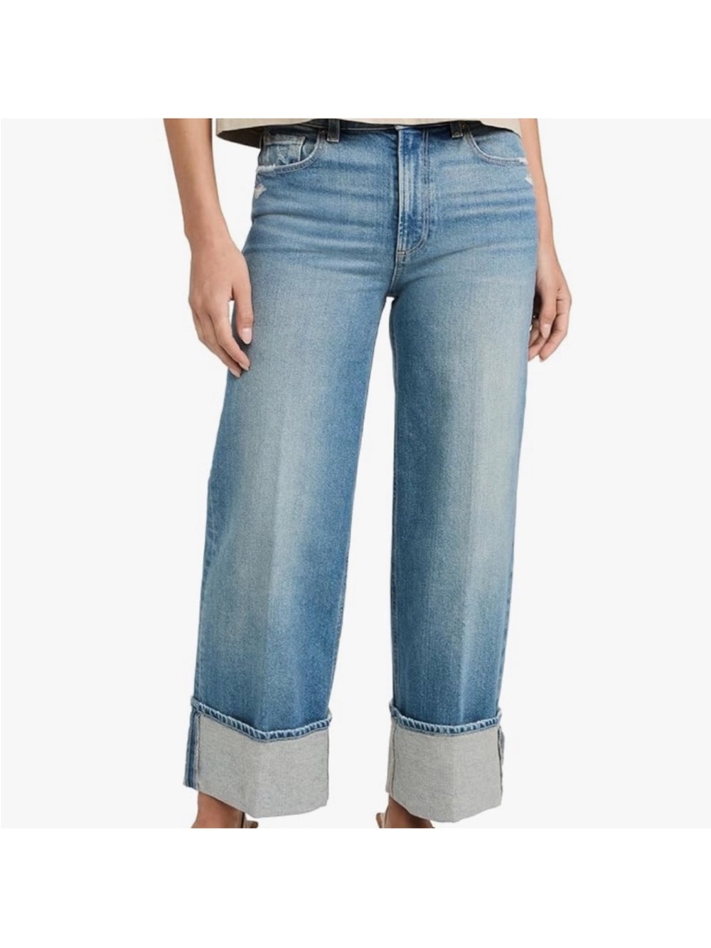 PAIGE Light Blue Wide-Leg Cuffed Jeans